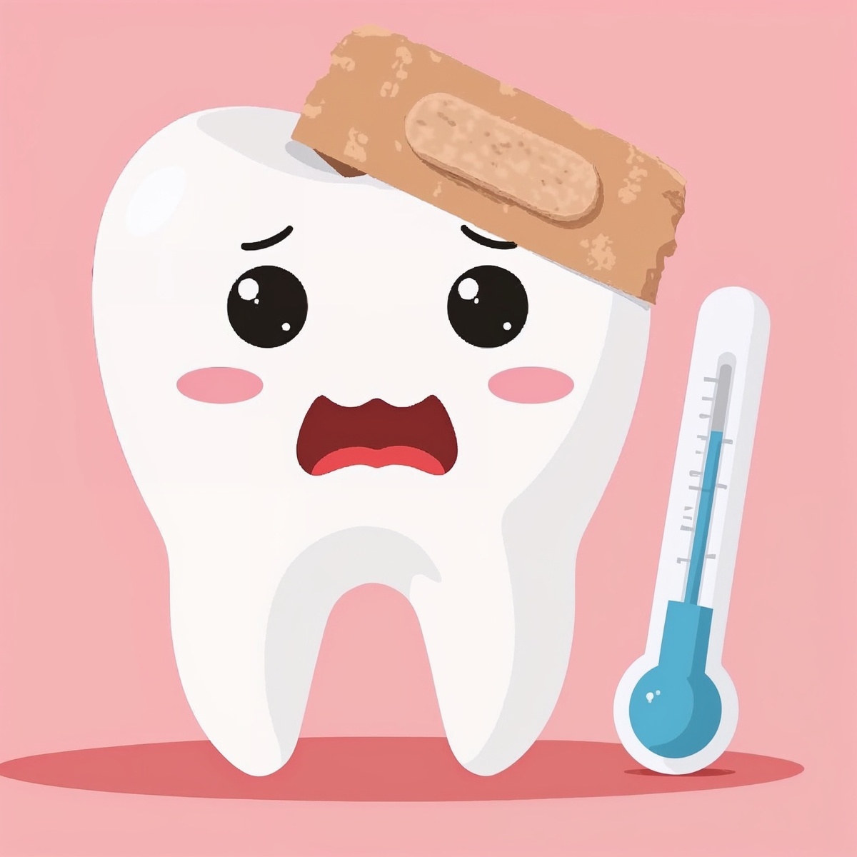 Cute cartoon tooth character with a band-aid and thermometer on a pink background