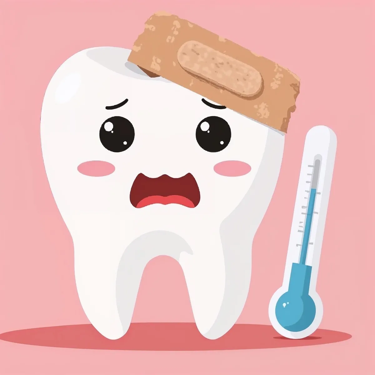 Cute cartoon tooth character with a band-aid and thermometer on a pink background