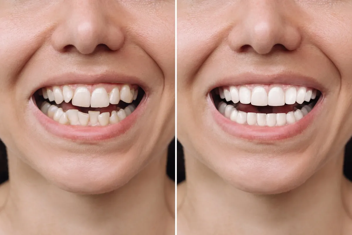 Cropped shot of a young caucasian smiling woman before and after veneers installation. Teeth whitening. Dentistry, dental treatment. Сorrection of uneven teeth with braces
