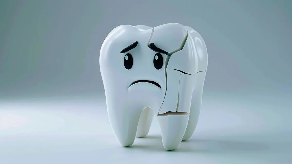 Cracked tooth character with sad expression on neutral background for medical dental concept with free place for text
